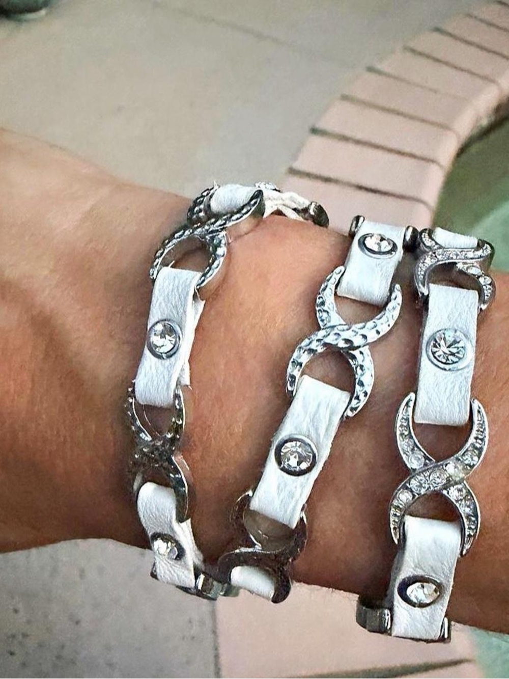 White Leather Rhinestone Snap Wrap Cuff Bracelet